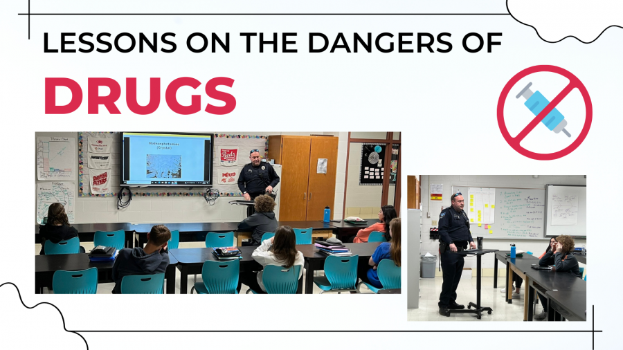 Lesson on the Danger of Drugs collage with officer presenting